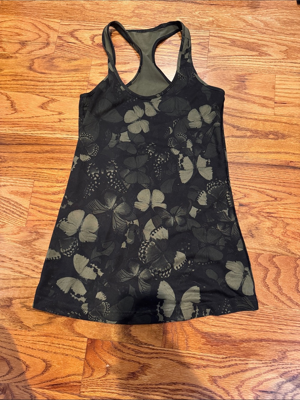 lululemon athletica Black Tank Top with Olive Butterfly Print